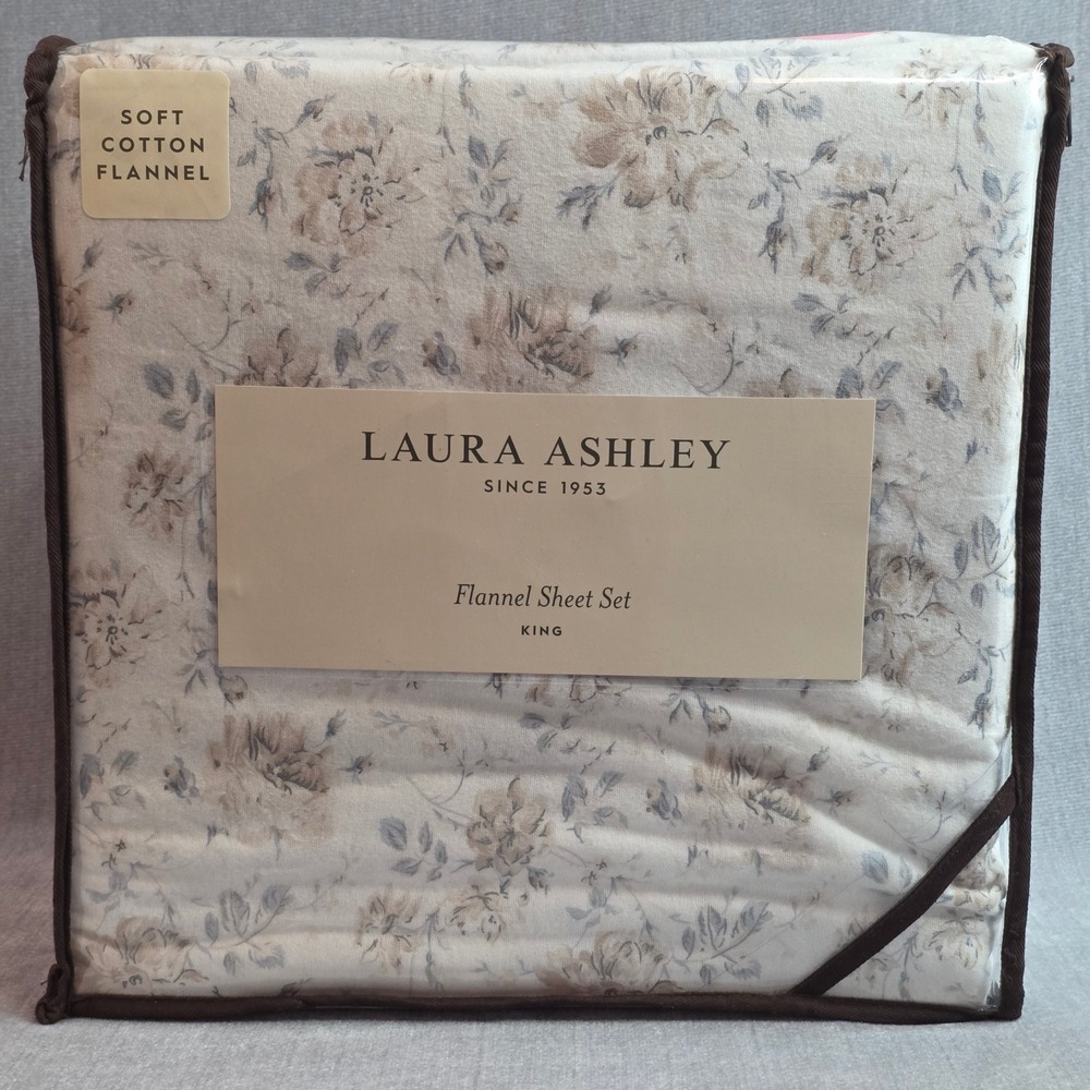 Laura Ashley Flannel Sheet Set King Beige Fragrant Floral 4pc Cotton Flannel